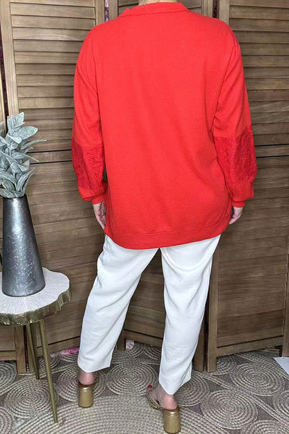 Red knit fabric lace patch long sleeve women blouse w/criss cross neckline BQ15976