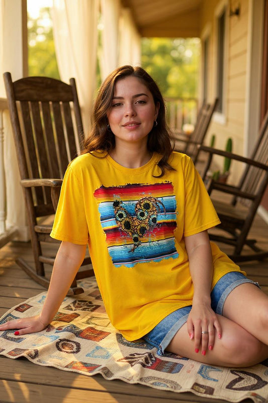 Western serape & sunflower printed yellow short sleeve t-shirt DLH9966