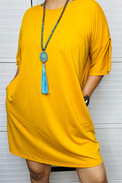 GJQ13217 Mustard yellow short women dress w/back fringe tassel