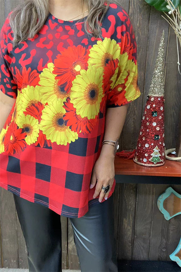 XCH13826 Plaid daisy flower red/yellow/black printed short sleeve women tops