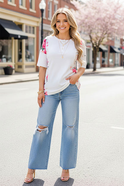 GJQ14220 Floral printed & white color block short sleeves women tops w/buttons