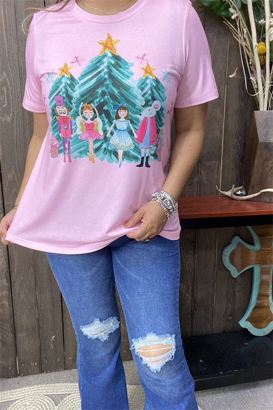 XCH15752 Dancing girls w/stars&trees printed baby pink short sleeve women tops