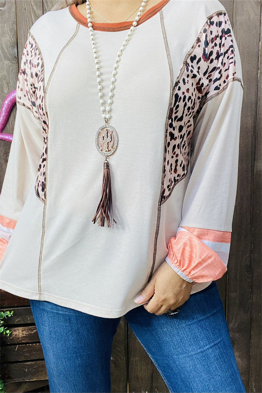 GJQ15315 Leopard printed outside sewing design beige solid long sleeve women tops