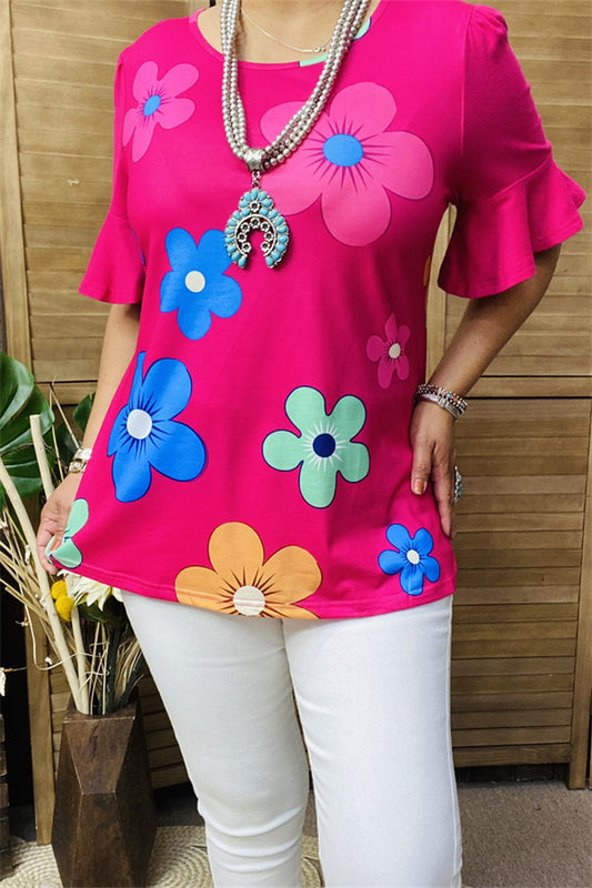 BQ15603 Sunflower multi color printed short sleeve women fuchsia tops