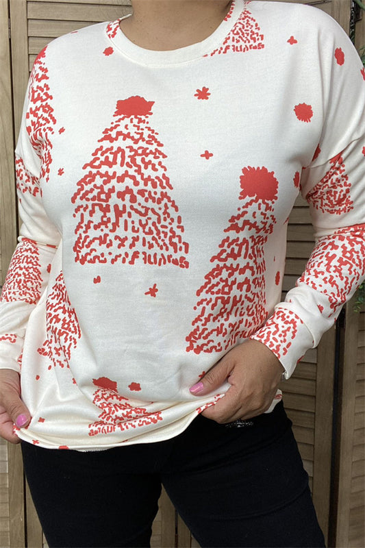 DLH15337 Red printed christmas trees long sleeve women tops