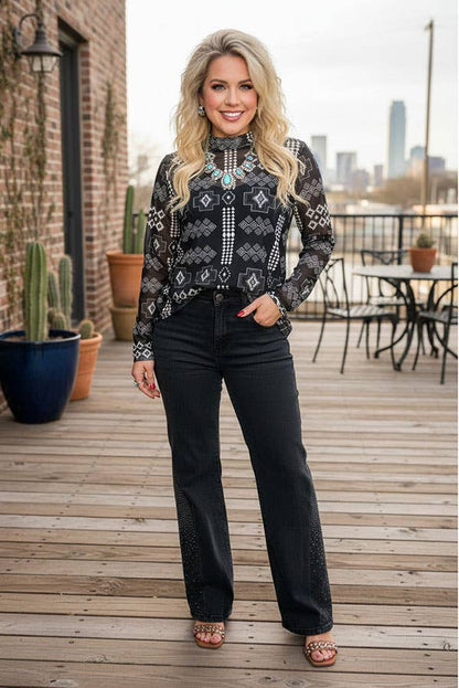 Western chic aztec printed sheer long sleeve women botuique top Southern Stitch GJQ17238