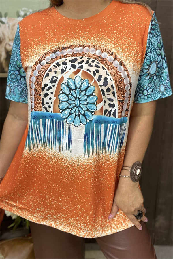 XCH14061 Turquoise jewel & leopard printed orange women t-shirt