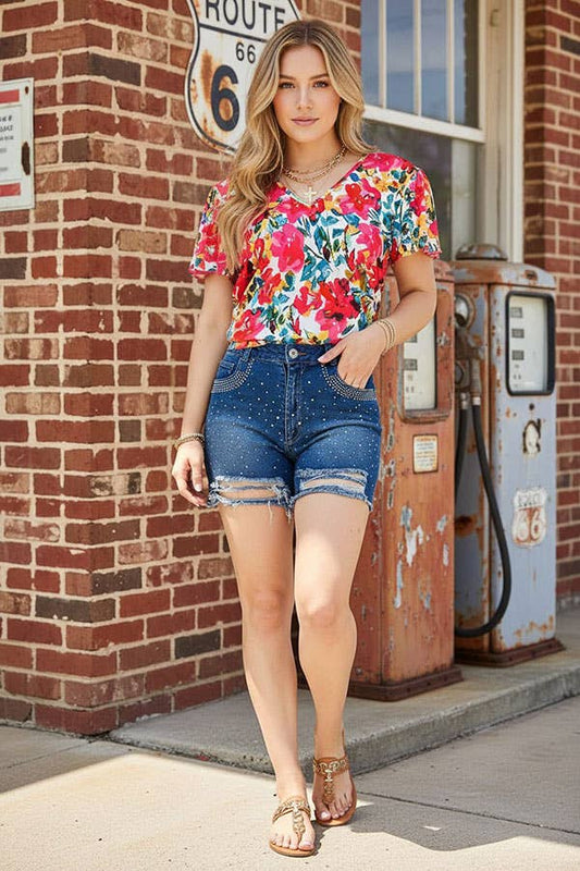 Women's ripped short wholesale blue denim w/Rhinestone and pockets DLH14748