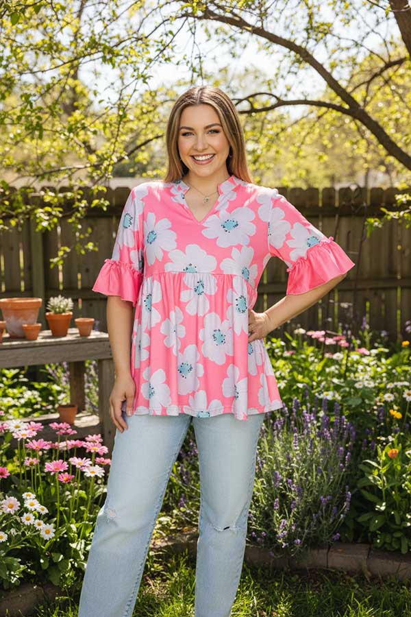 Women clothing suppliers Pink floral printed ruffle loose blouse GJQ16137