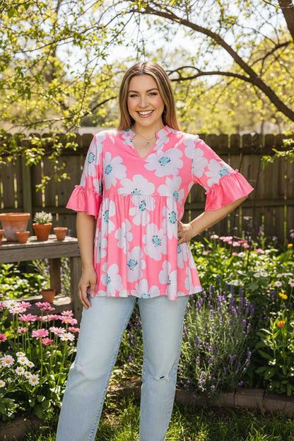Women clothing suppliers Pink floral printed ruffle loose blouse GJQ16137