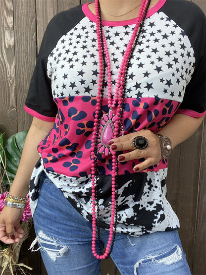 XCH14275 Star&Leopard block black multi color printed short sleeves women tops