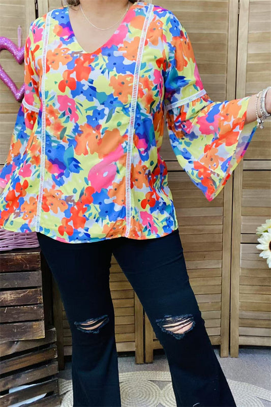 BQ15870 Floral multi color printed 3/4 sleeve w/bell bottom women top w/white ribbon trim