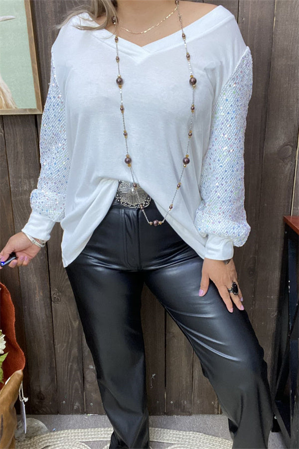 XCH15149 Sequin long sleeve w/tighten cuff white women tops