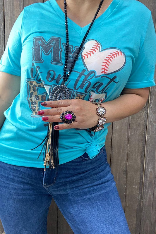 XCH13473 "MY HEART IS ON THAT FIELD" Baseball & leopard printed turquoise t-shirt