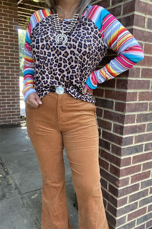 YMY9824 Leopard printed top w/serape multi color sleeves