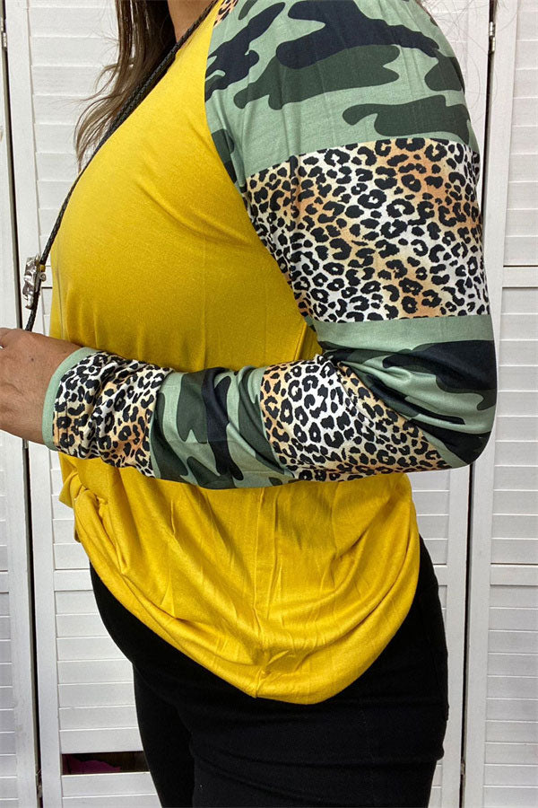 Western leopard & camo long sleeve & yellow women's boutique blouse BQ8575