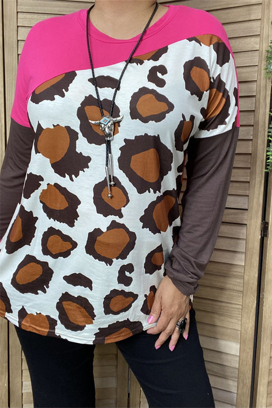 YMY14321 Part of block fuchsia&brown with body leopard multi color printed long sleeve women tops