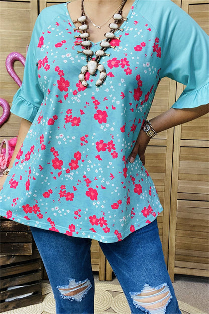 XCH15822 Fuchsia&white small floral printed short sleeve w/ruffle women mint tops