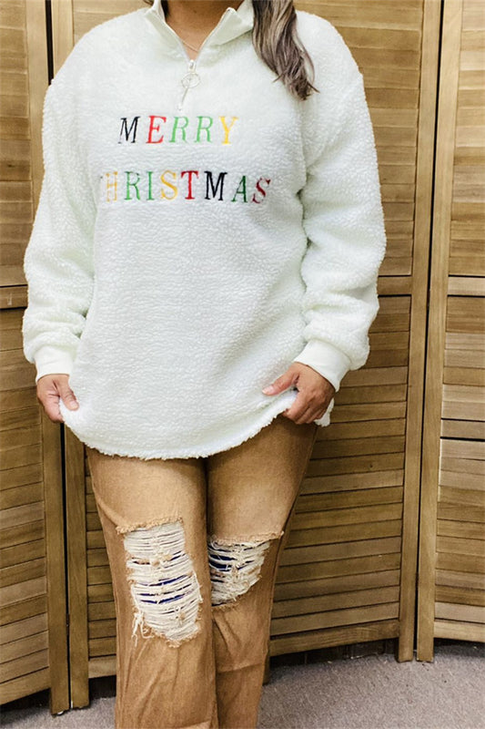 BQ15440 "MERRY CHRISTMAS"words embroidery white polyester fur w/zipper long sleeve women tops