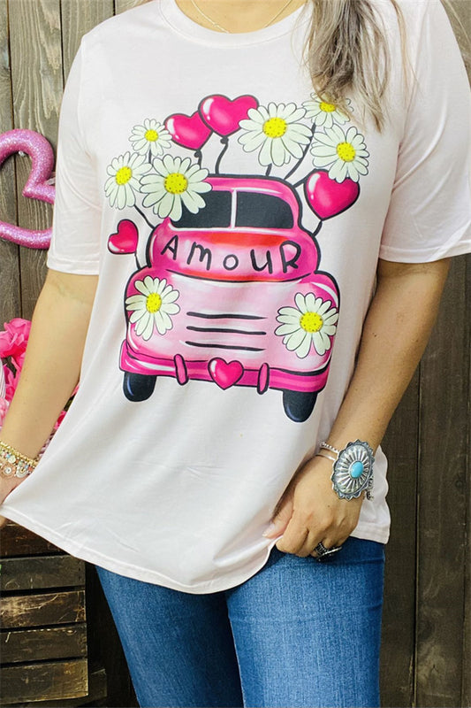 DLH13526 Printed short sleeve women pink tops