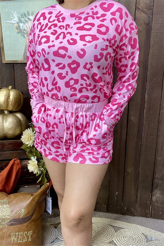XCH15623 Fuchsia leopard printed long sleeve tops&amp;short/string 2pcs women sets