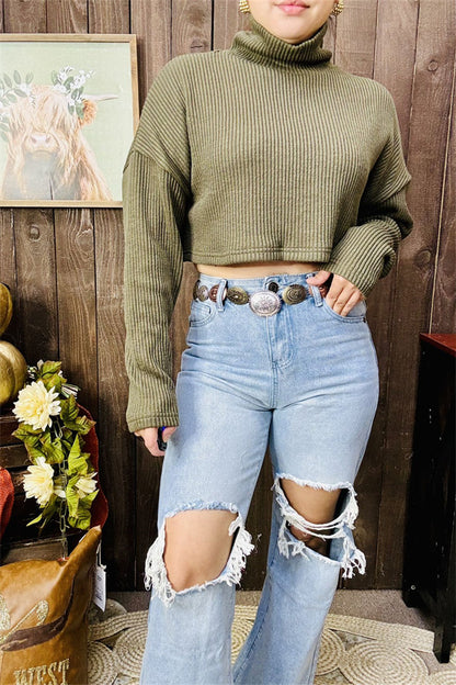 BQ15469 Olive green long sleeve turtleneck sweater off shoulder short design for women