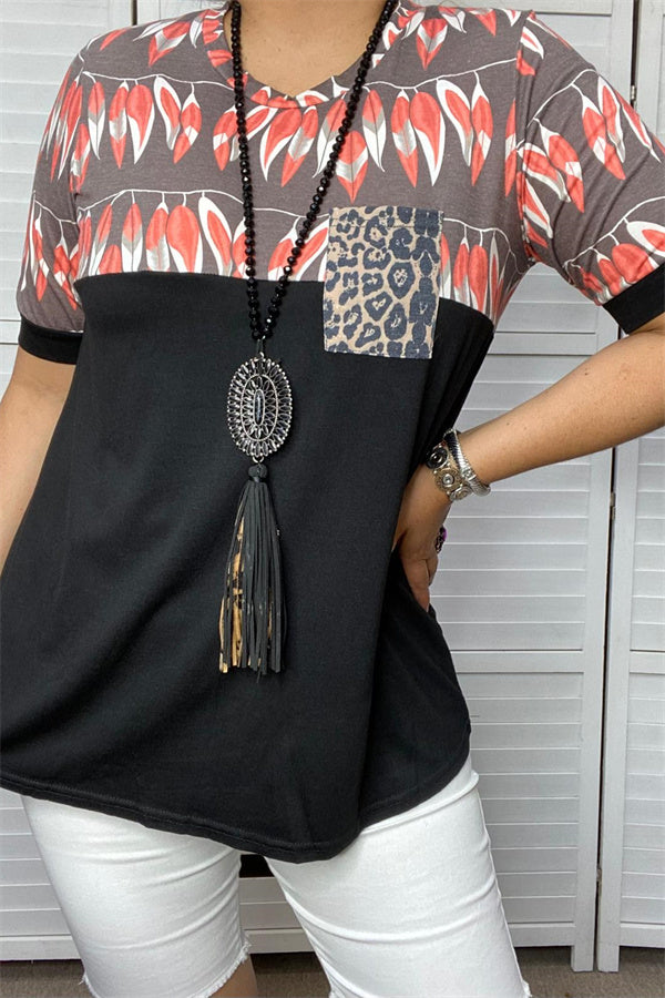 YMY12060 Black feather & leopard front pocket printed  short sleeve women top