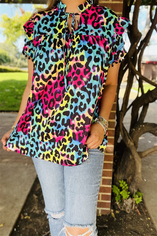 BQ15644 Multi color leopard printed double ruffle/black pompom short sleeve &ruffle neckline women tops