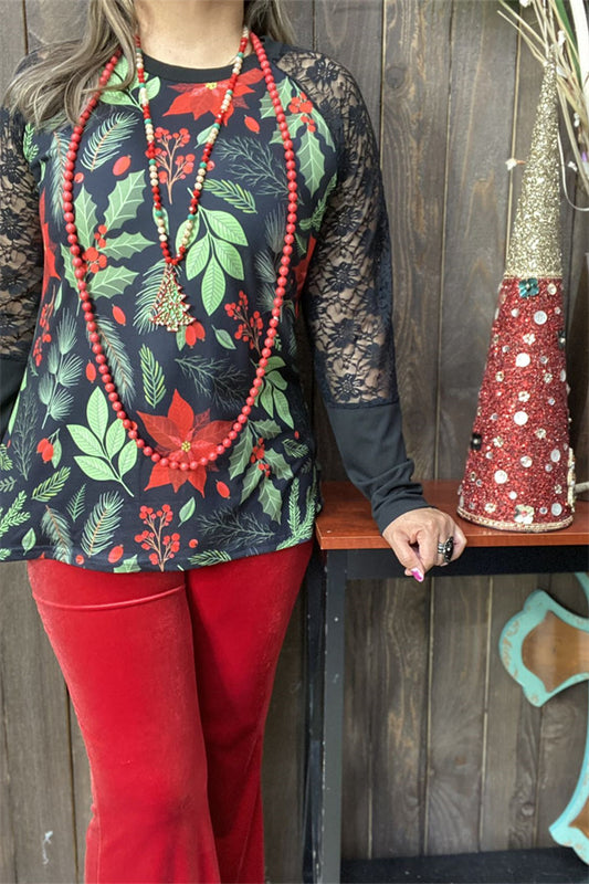 BQ15432 Body leaves&floral green/red color printed raglan long sleeve w/black lace women tops