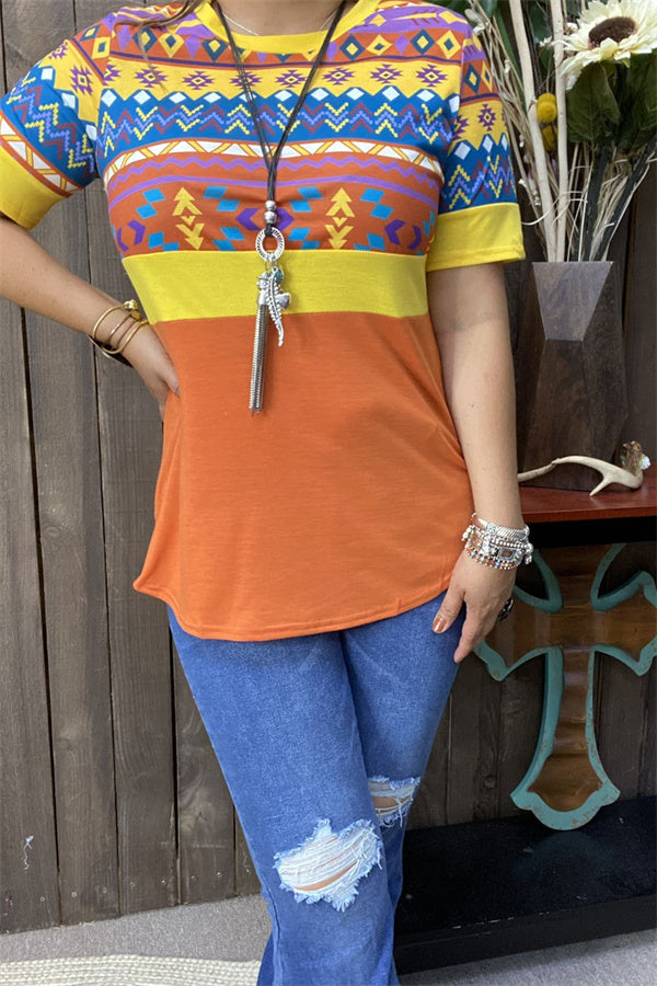 BQ9344 Aztec yellow/orange multi color printed short sleeve women tops