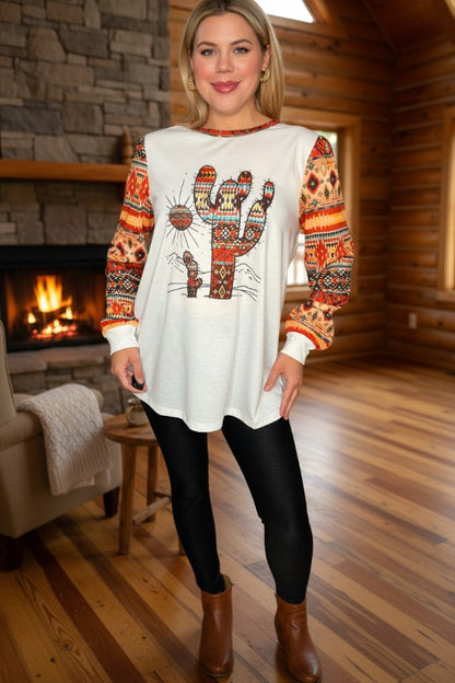 Western White Cactus & Aztec printed long sleeve women t-shirt XCH10516
