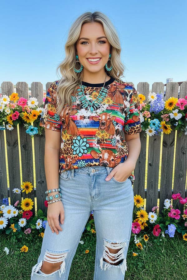 Western women's t-shirt Serape & cow jewels printed w/short sleeve BQ12530