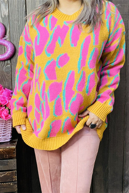 MY13394 Pink/yellow/turquoise leopard print long sleeve sweater