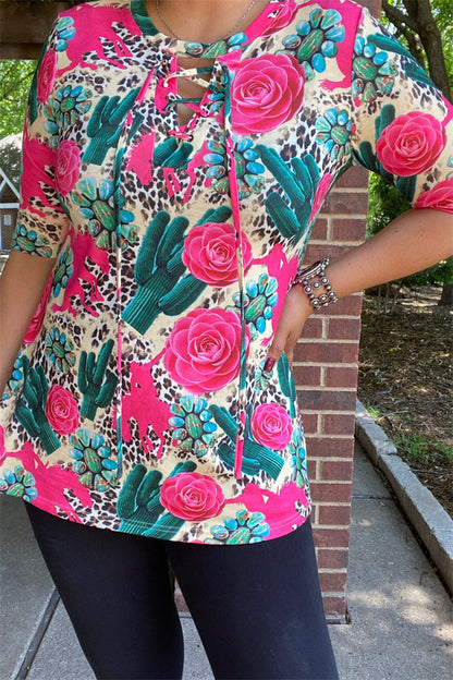 Floral & cactus short sleeves women tops w/criss cross neckline GJQ12940