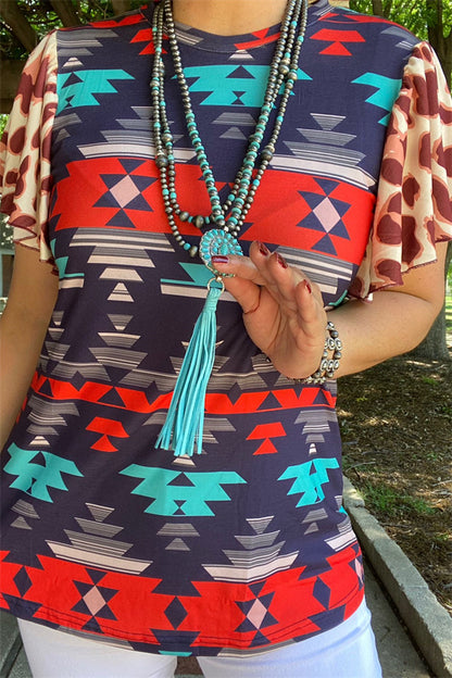 Aztec and Leopard multi color printed bell short sleeves women tops GJQ14404