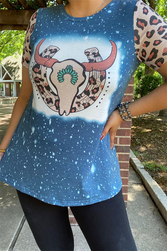 XCH11973 Bull skull blue leopard multi printed short sleeves women tops