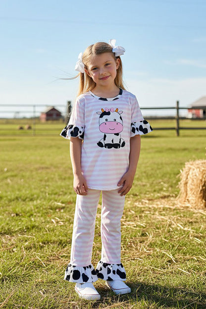 Western cow & pink stripe printed ruffle girls boutique set 11130MZ