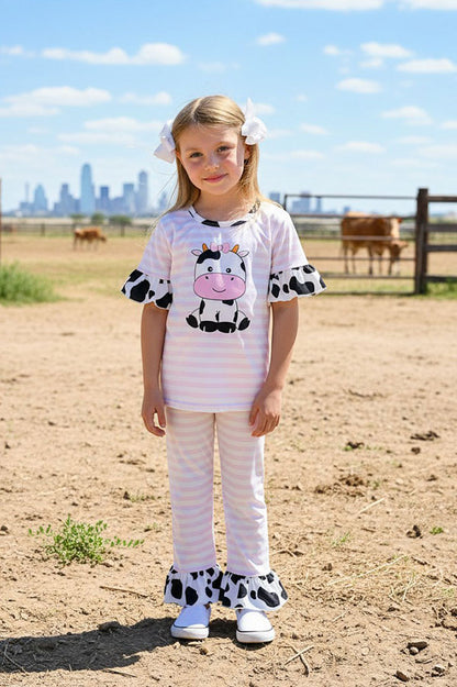 Western cow & pink stripe printed ruffle girls boutique set 11130MZ