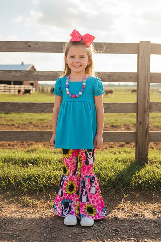 Western blue ruffle sleeve top & bell bottom girls boutique sets 1114WY (A3S6)