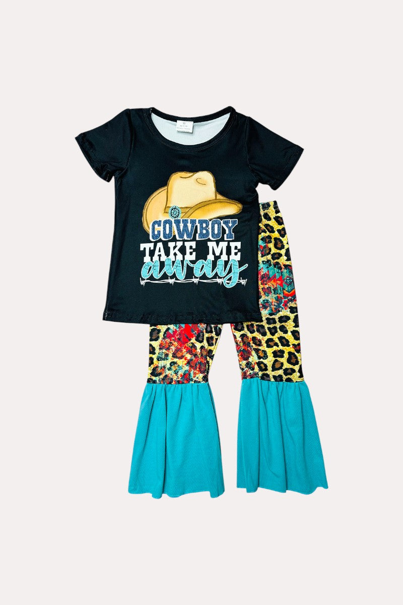 Western COWBOY TAKE ME AWAY Leopard & turquoise girl's boutique set 1119WY