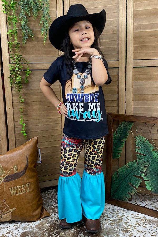 Western COWBOY TAKE ME AWAY Leopard & turquoise girl's boutique set 1119WY