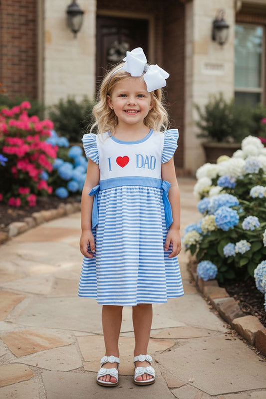 1131WY I love DAD embroidery blue striped ruffle sleeve girls dress