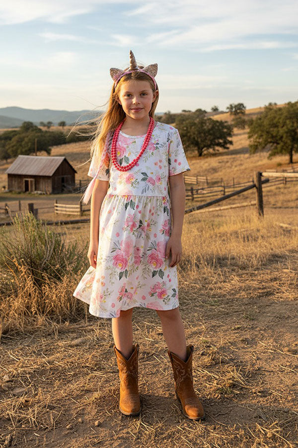 Western floral printed short sleeve girl's boutique dress 1132WY