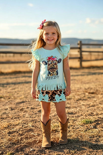 Western MOODY cow printed top leopard shorts girls boutique set 1133WY