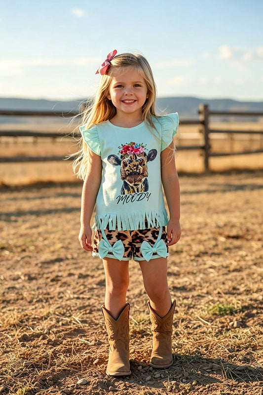 Western MOODY cow printed top leopard shorts girls boutique set 1133WY