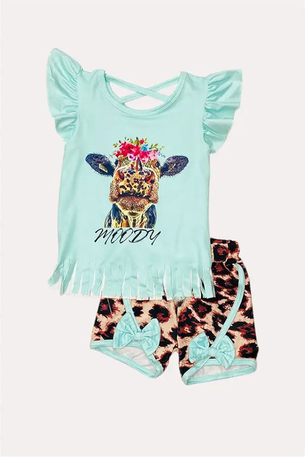 Western MOODY cow printed top leopard shorts girls boutique set 1133WY