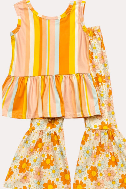 Peach tones floral & stripped sleeveless top bell bottom girls set 1135WY