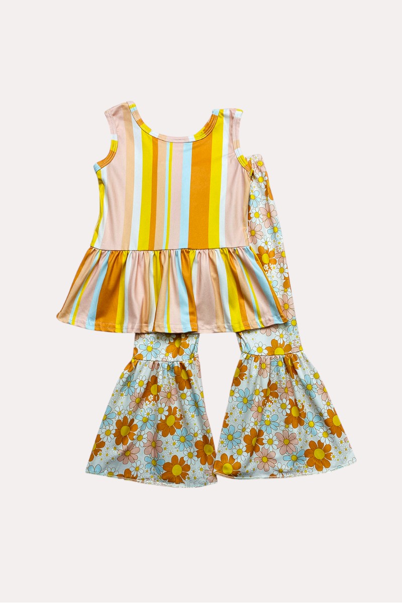 Peach tones floral & stripped sleeveless top bell bottom girls set 1135WY