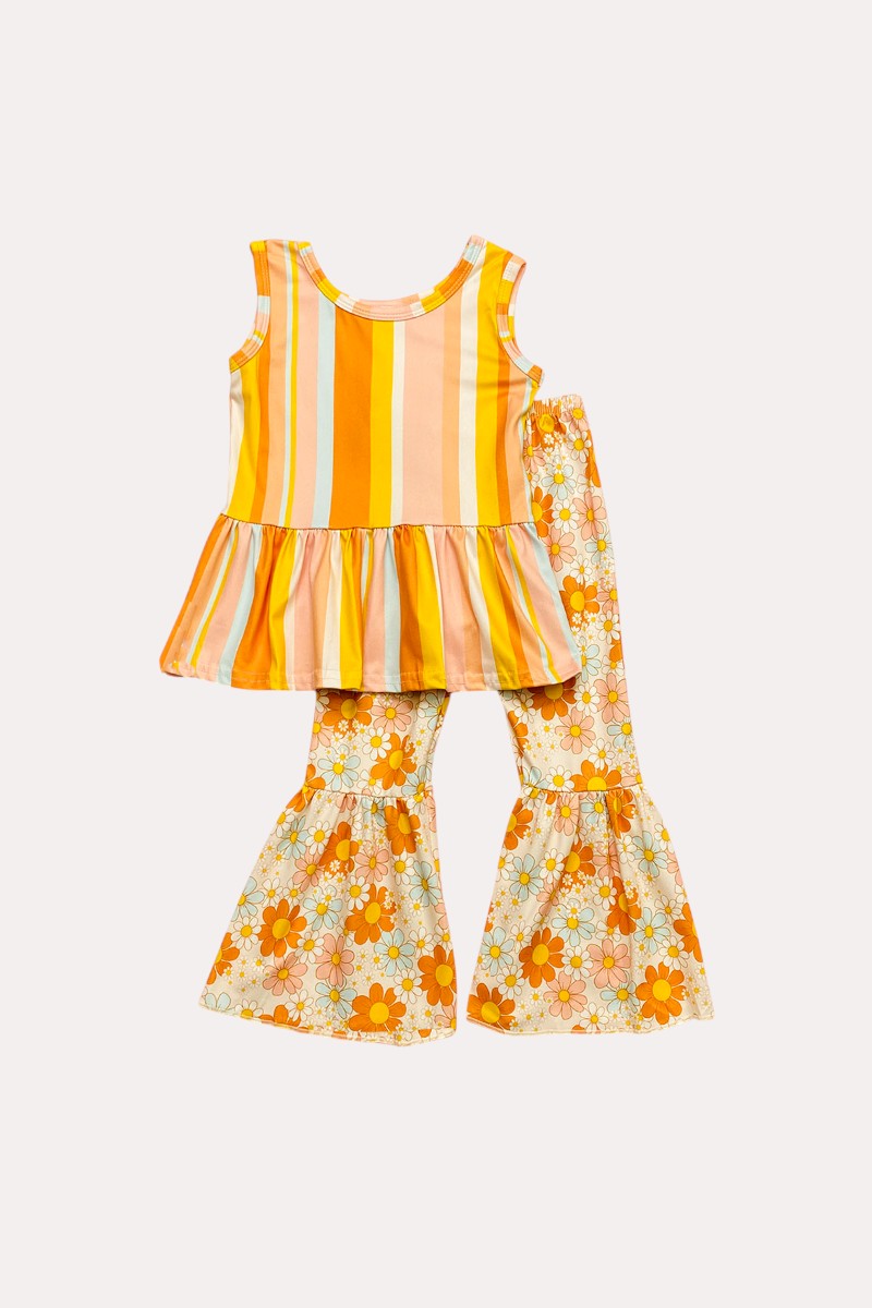 Peach tones floral & stripped sleeveless top bell bottom girls set 1135WY
