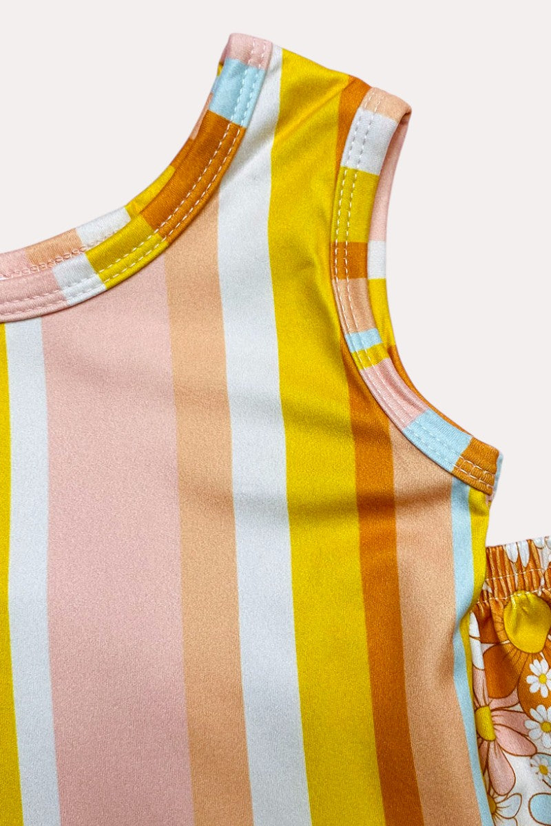 Peach tones floral & stripped sleeveless top bell bottom girls set 1135WY